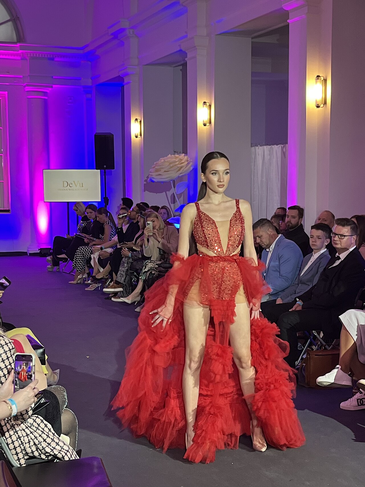Red tulle gown on the runway, Sosnowiecki Fashion Bridge
